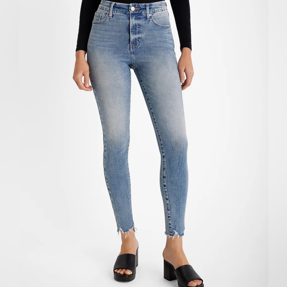 Express High Waisted Medium Wash Raw Hem FlexX Skinny Jeans - Picture 4 of 6